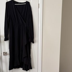 H&M Black Long-Sleeve Wrap Midi with Ruffle Hem